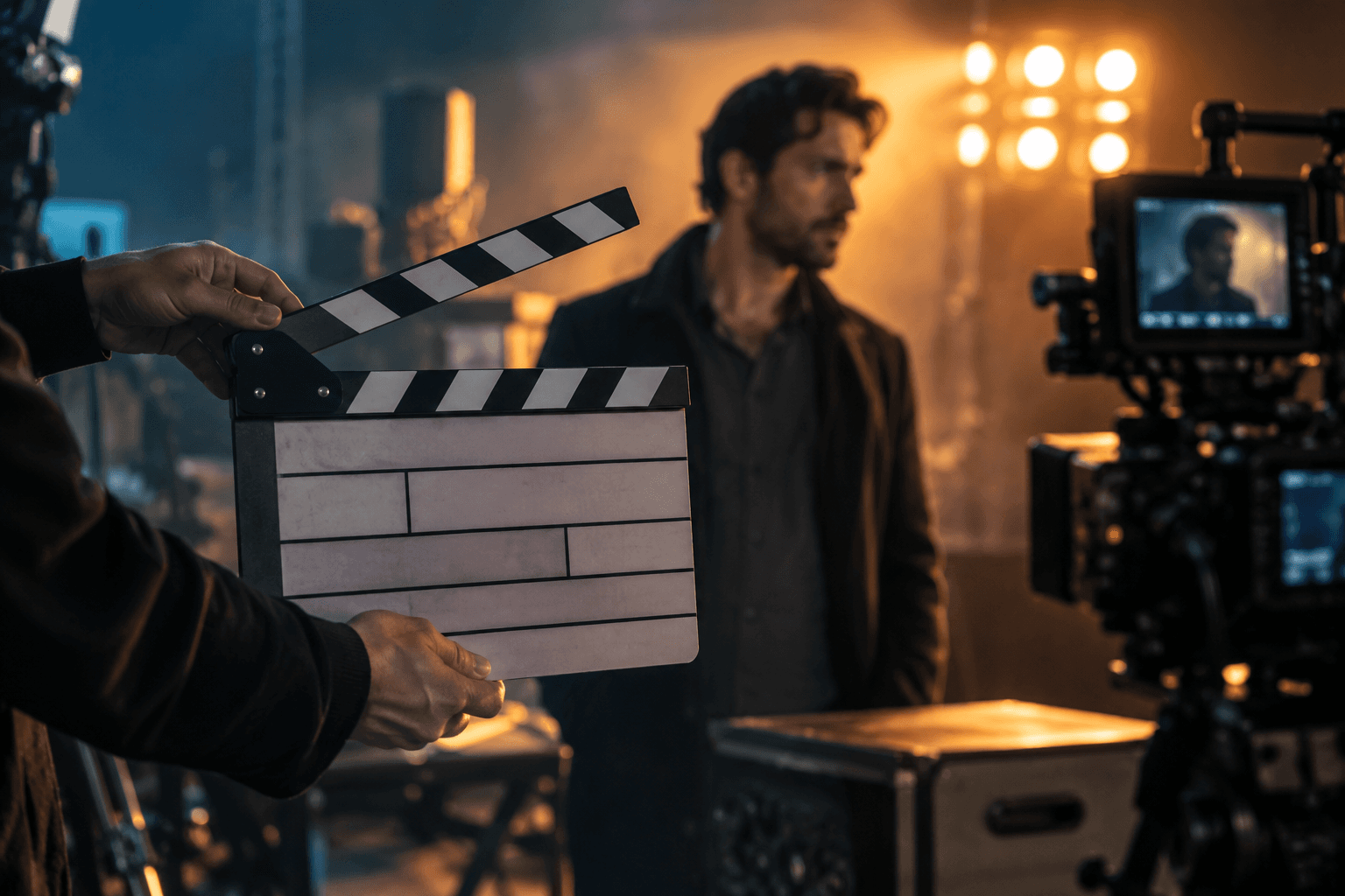A clapperboard on a cinematic film set