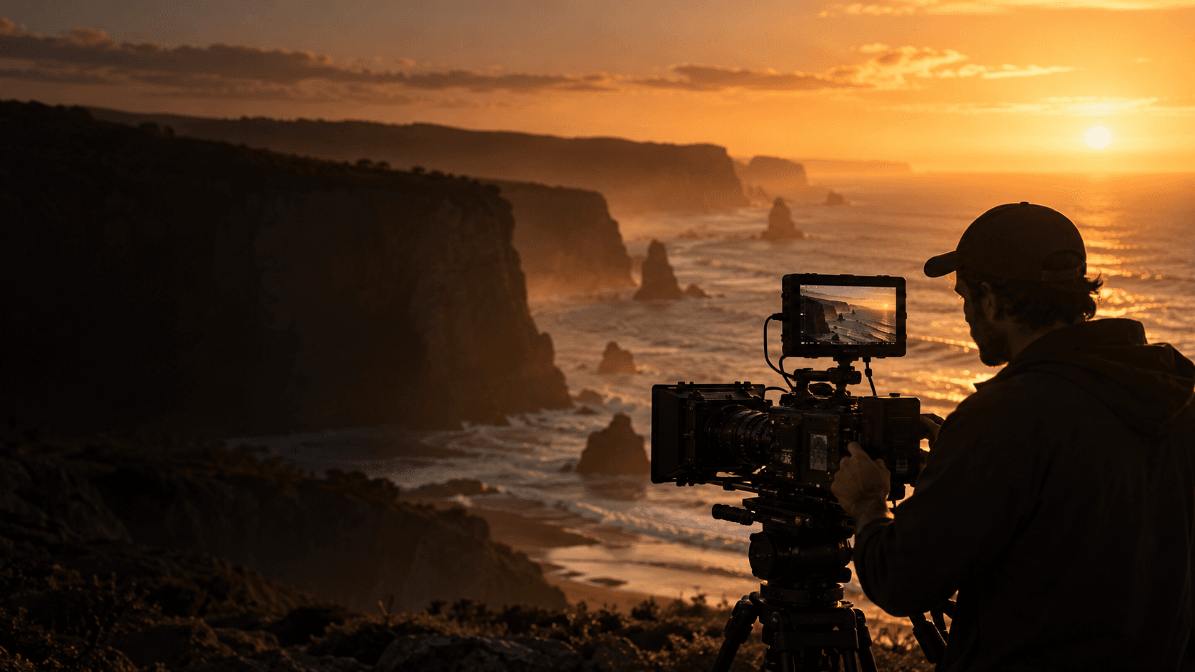 A filmmaker working on a coastal film set at sunset