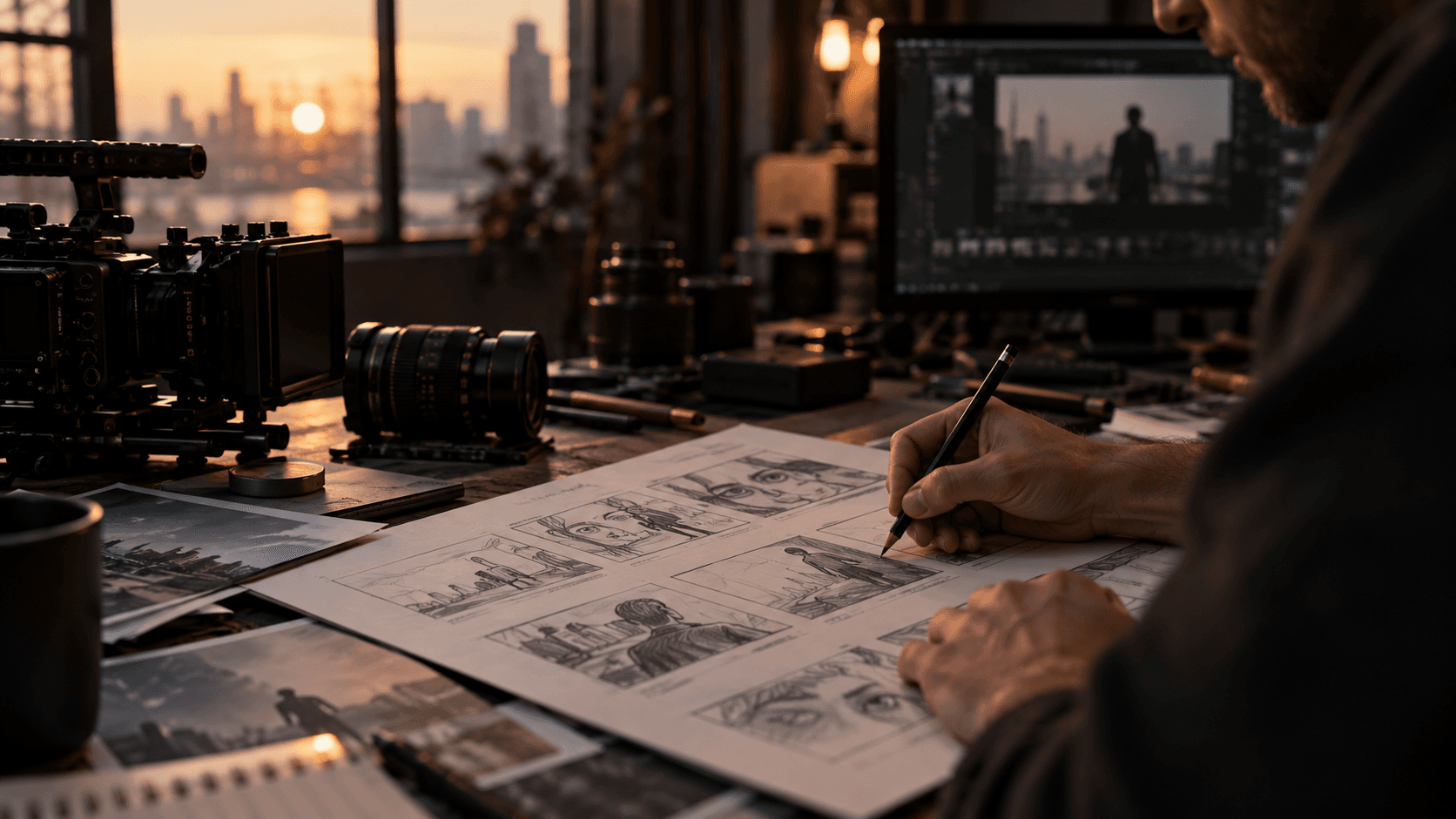 A filmmaker sketching a storyboard at a desk