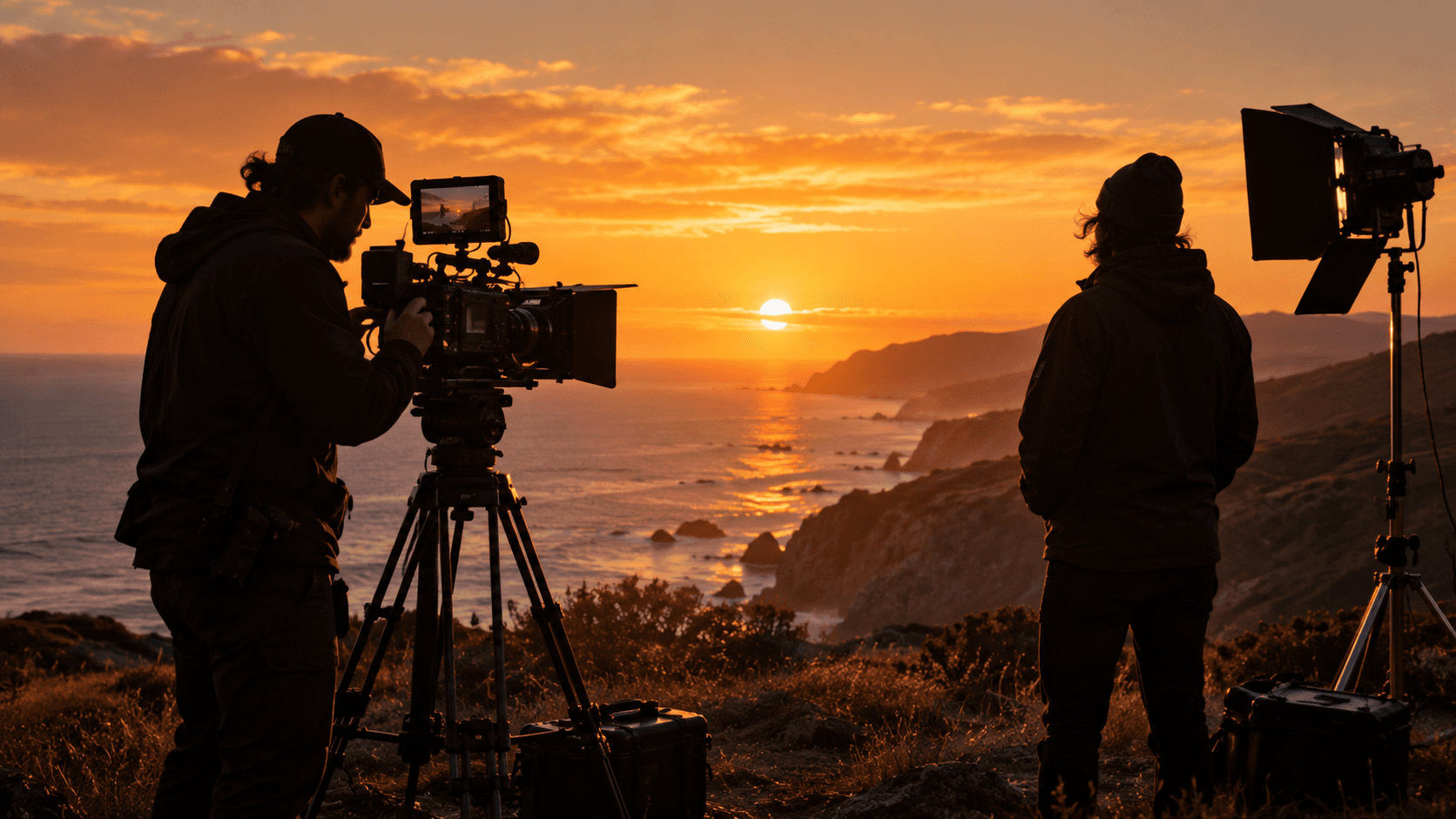 A film crew working beside the sea at sunset