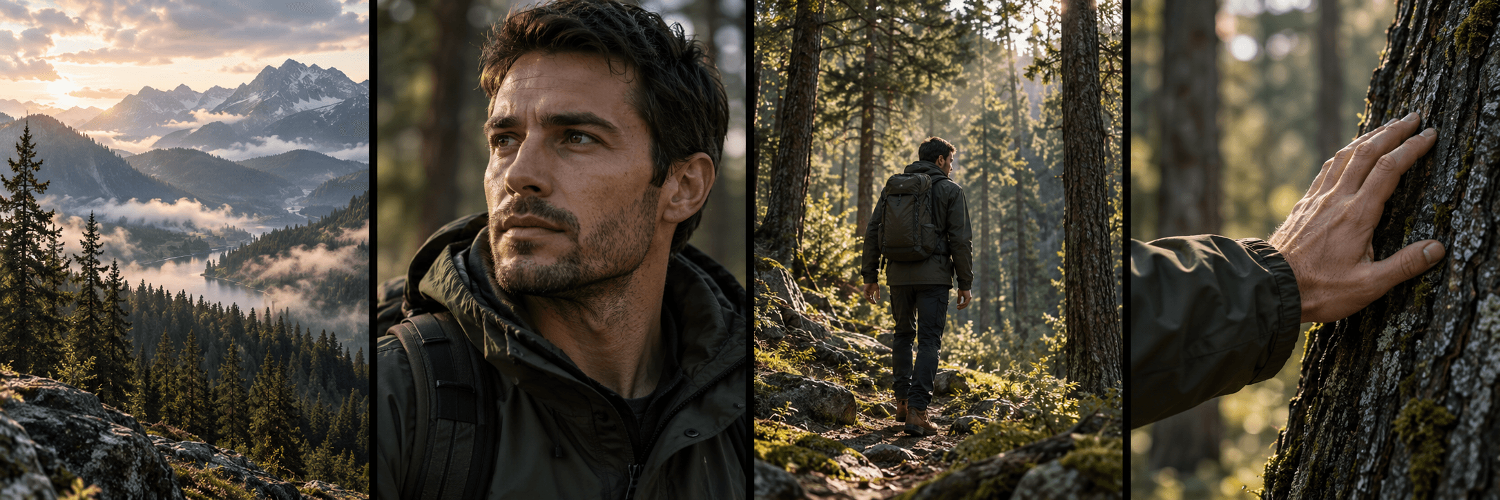 Illustrative sequence: a mountain valley, a traveler’s close-up, the same traveler walking through a forest, and a hand on tree bark